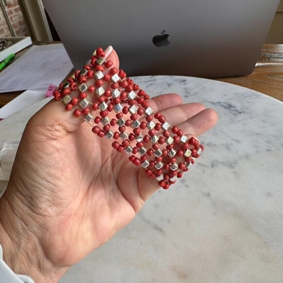 Coral Colored Beads and Silver Beaded Stretch Bracelet - Picture 4 of 6